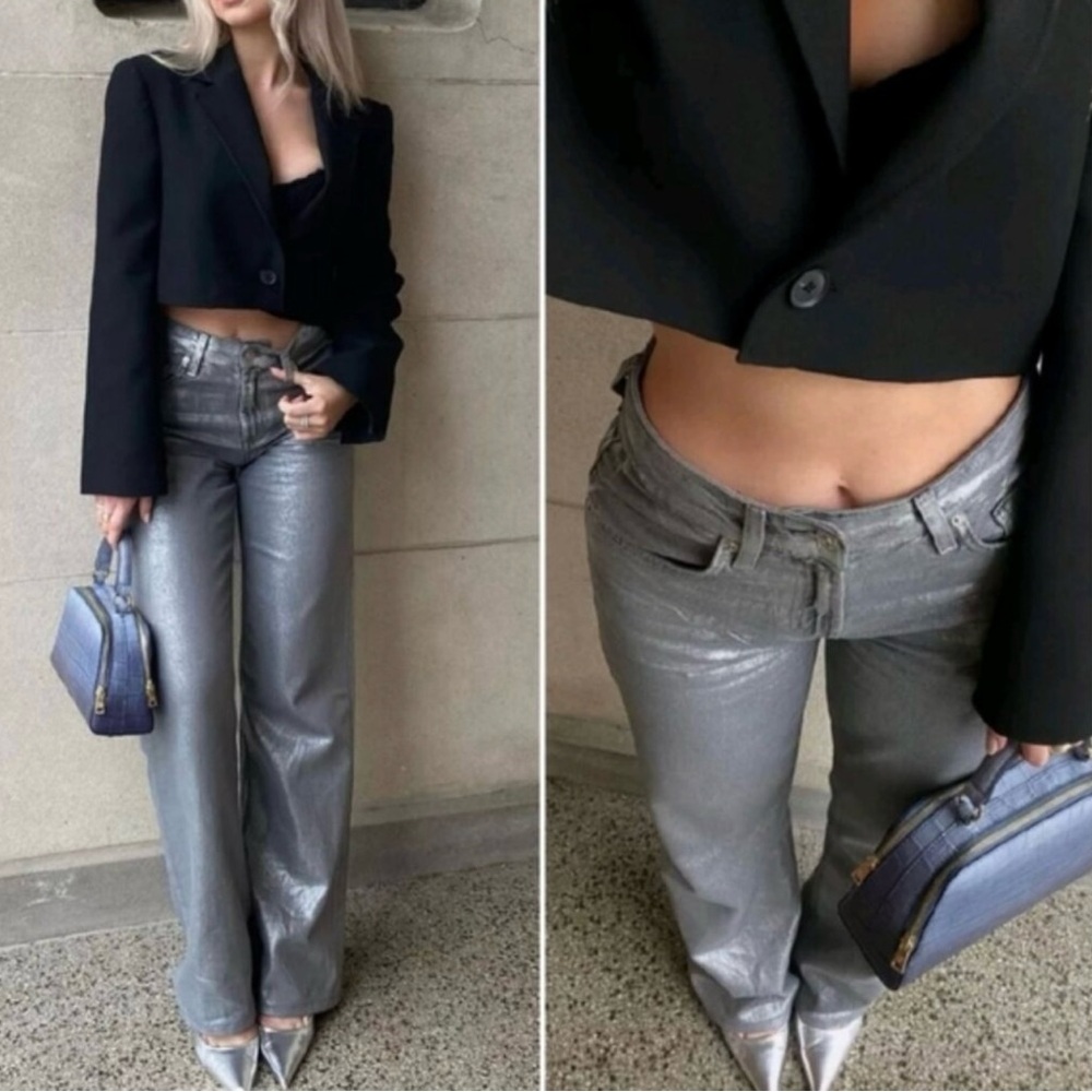 New Zara Metallic Silver Mid Rise Full Length Wide Leg Jeans 6045/329 Size 4